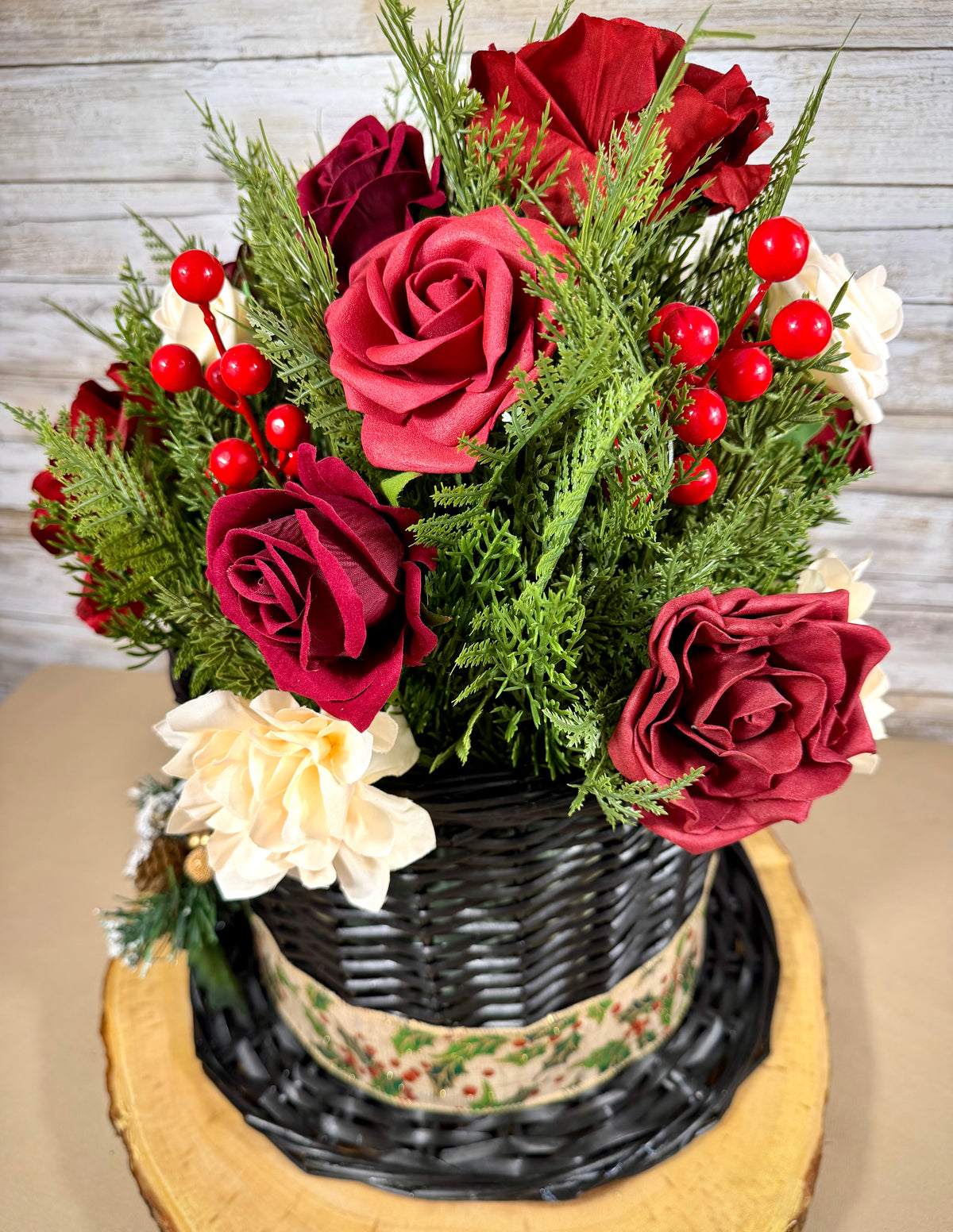 Christmas Rose Floral Arrangement | Red & White Holiday Centerpiece