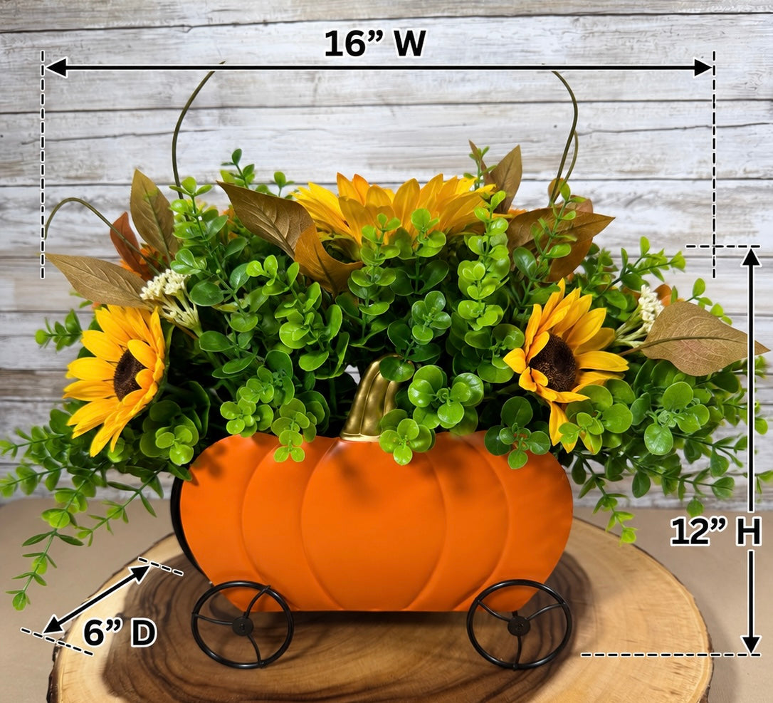 Pumpkin Carriage Fall Floral Arrangement – Orange Artificial Flowers & Greenery