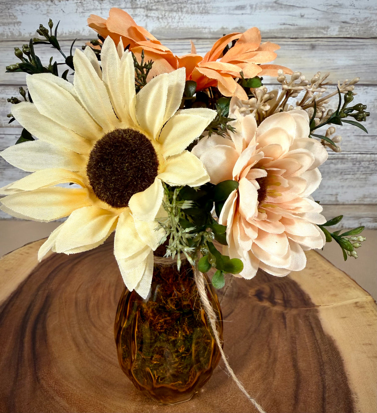 Small Fall Floral Arrangement | Coral Gerbera Daisy & Glass Vase