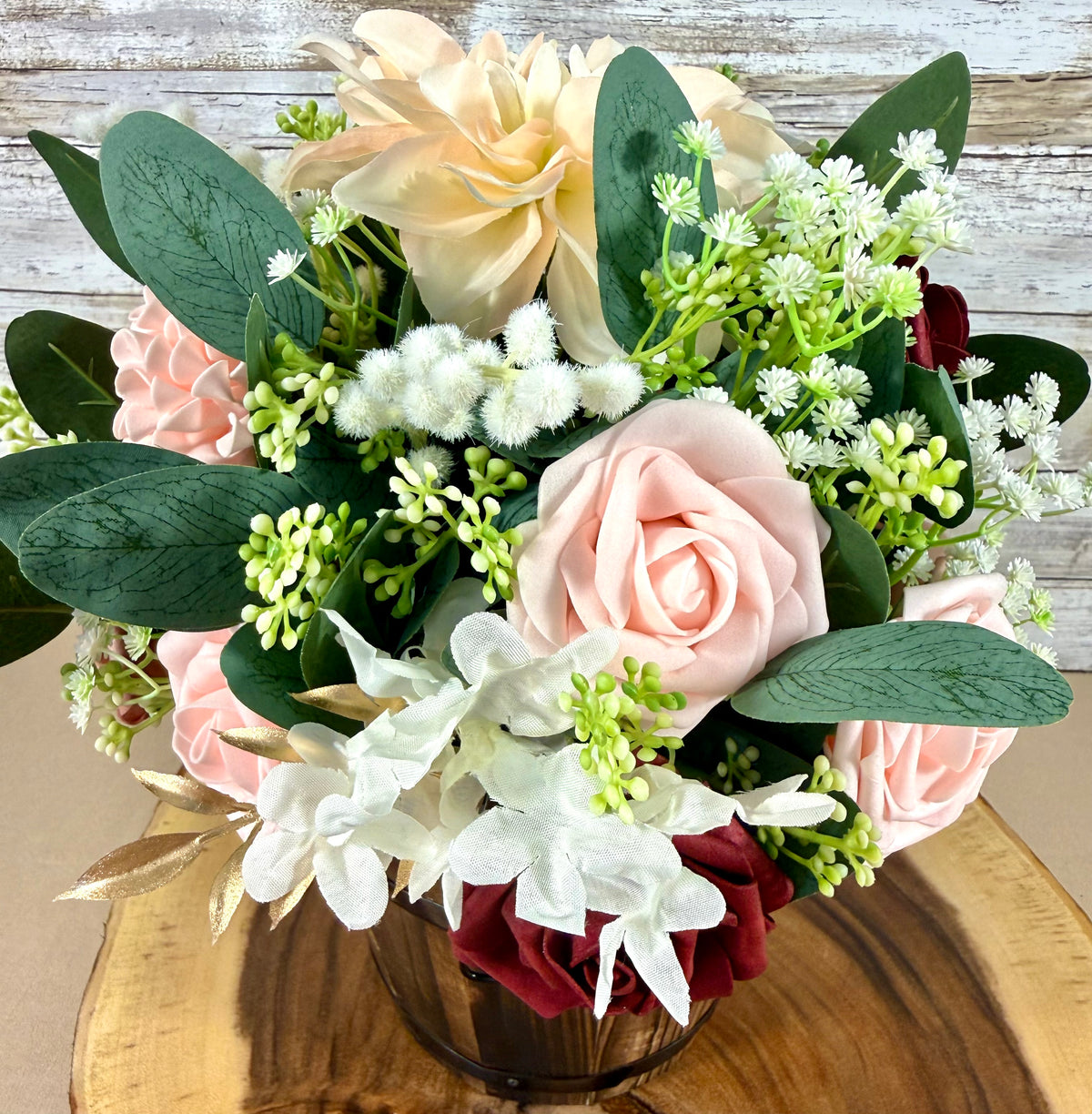 Handmade Floral Arrangement – Blush Pink & Mauve Flowers, Wooden Barrel Bucket