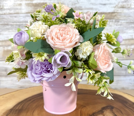 Handmade Floral Arrangement – Blush Pink & Lavender Flowers, Pink Metal Bucket
