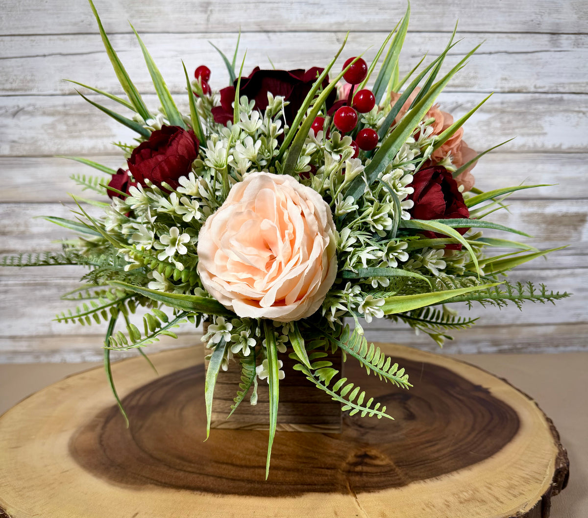 Burgundy & Peach Fall Floral Arrangement | Wooden Container