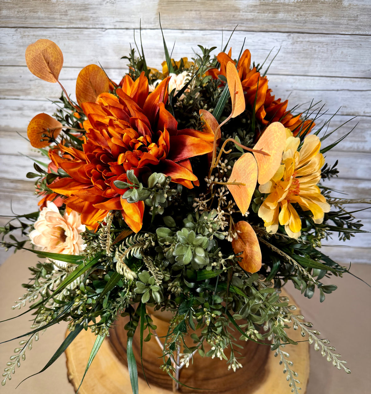 Fall Chrysanthemum Arrangement | Orange & Yellow Wheelbarrow