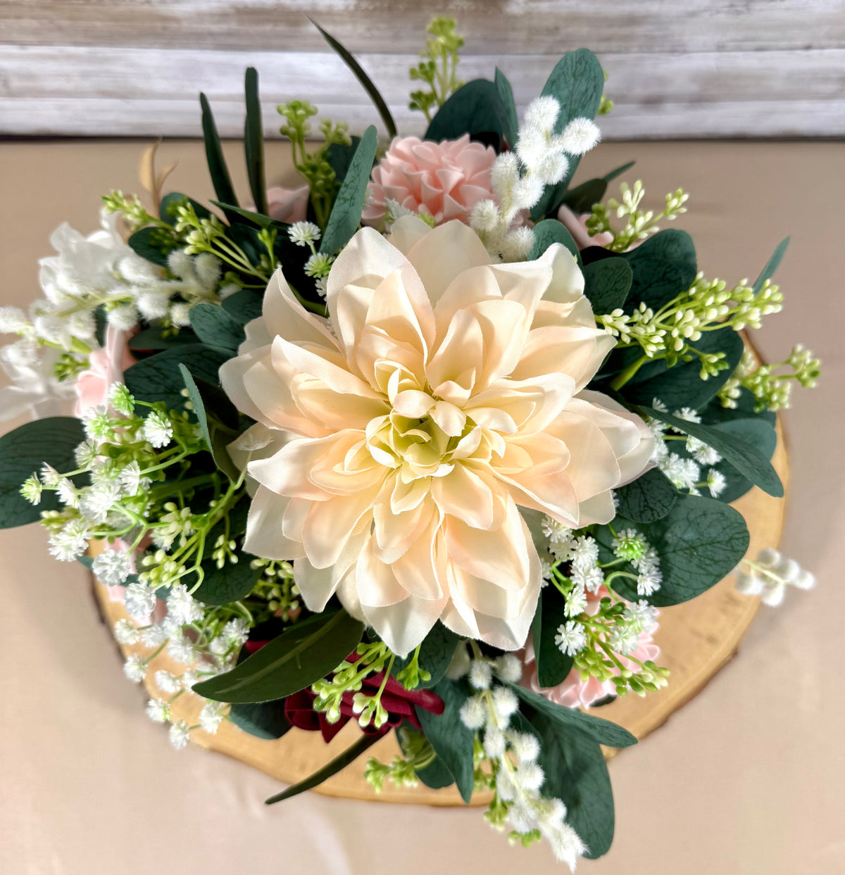 Handmade Floral Arrangement – Blush Pink & Mauve Flowers, Wooden Barrel Bucket