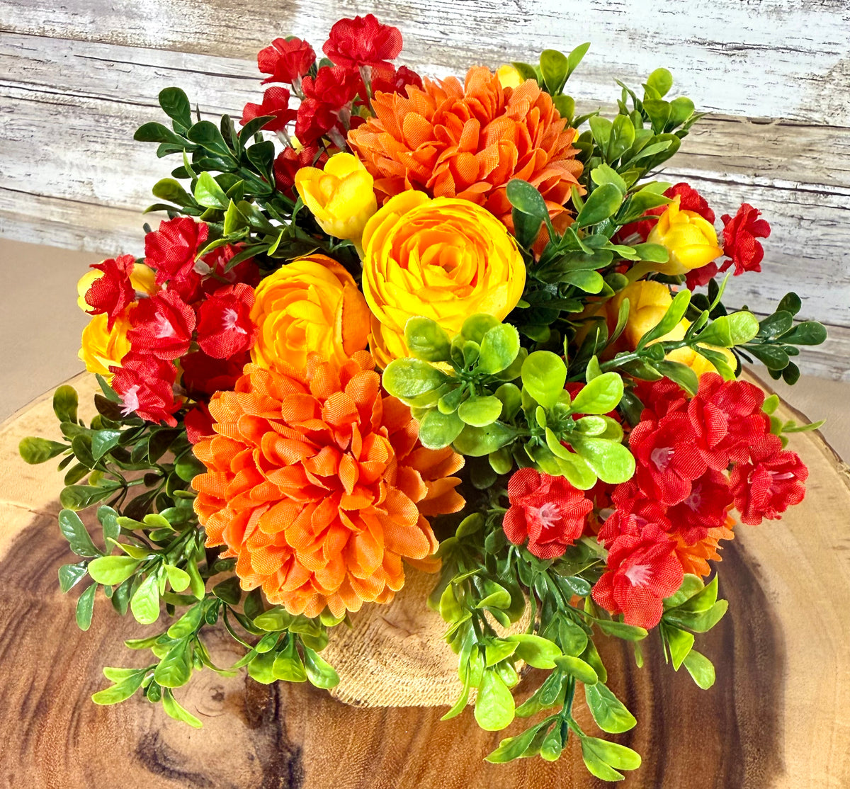 Orange & Yellow Handmade Floral Arrangement – Rustic Wooden Base