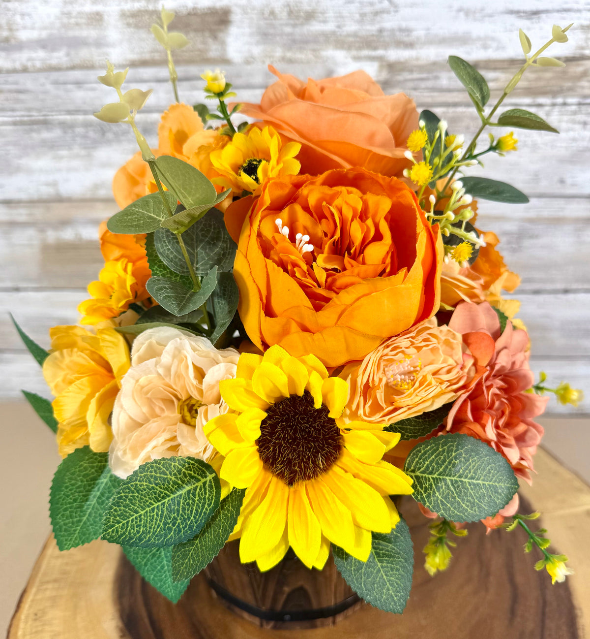 Handmade Floral Arrangement – Orange & Yellow Flowers, Rustic Wooden Barrel