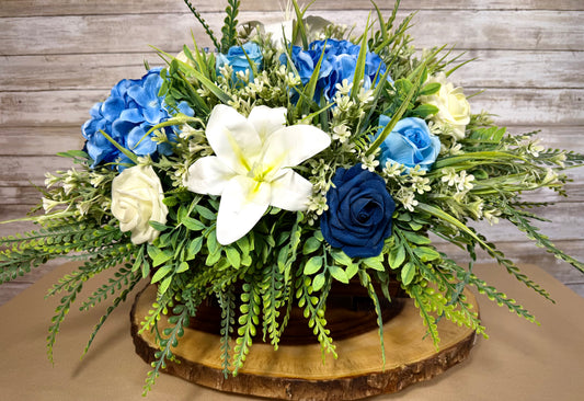 Blue & White Floral Arrangement – Handmade Lily & Rose Centerpiece