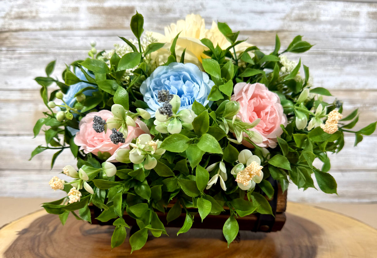 Handmade Floral Arrangement – Compact Faux Flower Centerpiece, Rustic Decor