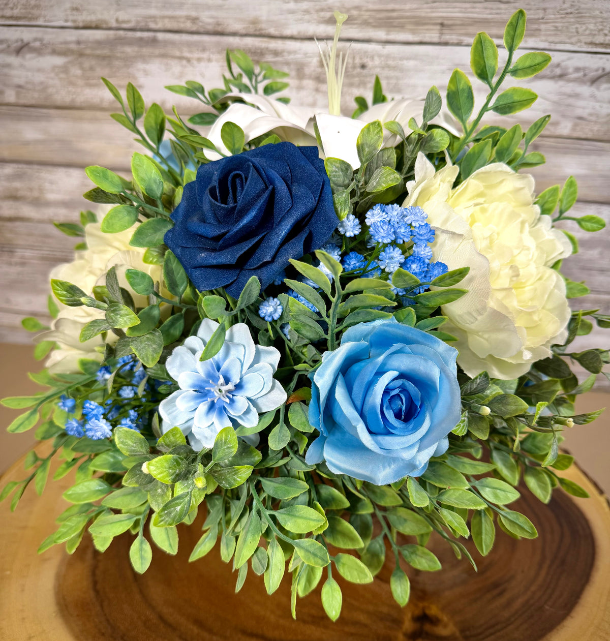 Blue & White Floral Arrangement – Handmade Lily & Rose Decor