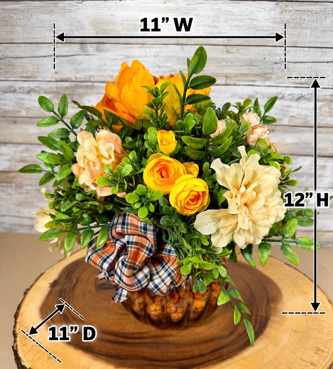 Fall Pumpkin Floral Arrangement – Autumn Flowers & Plaid Bow