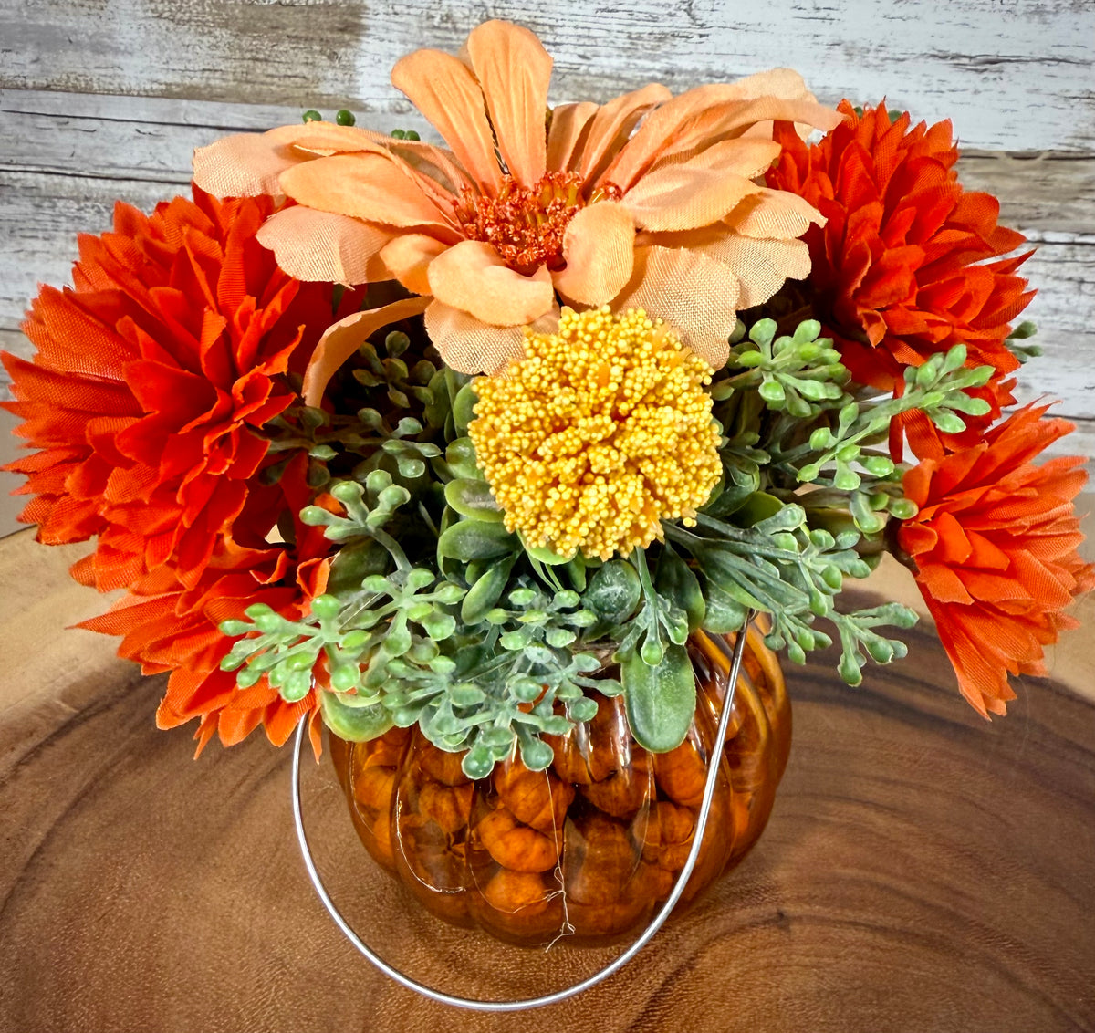 Small Fall Pumpkin Floral Arrangement – Orange & Peach Autumn Flowers