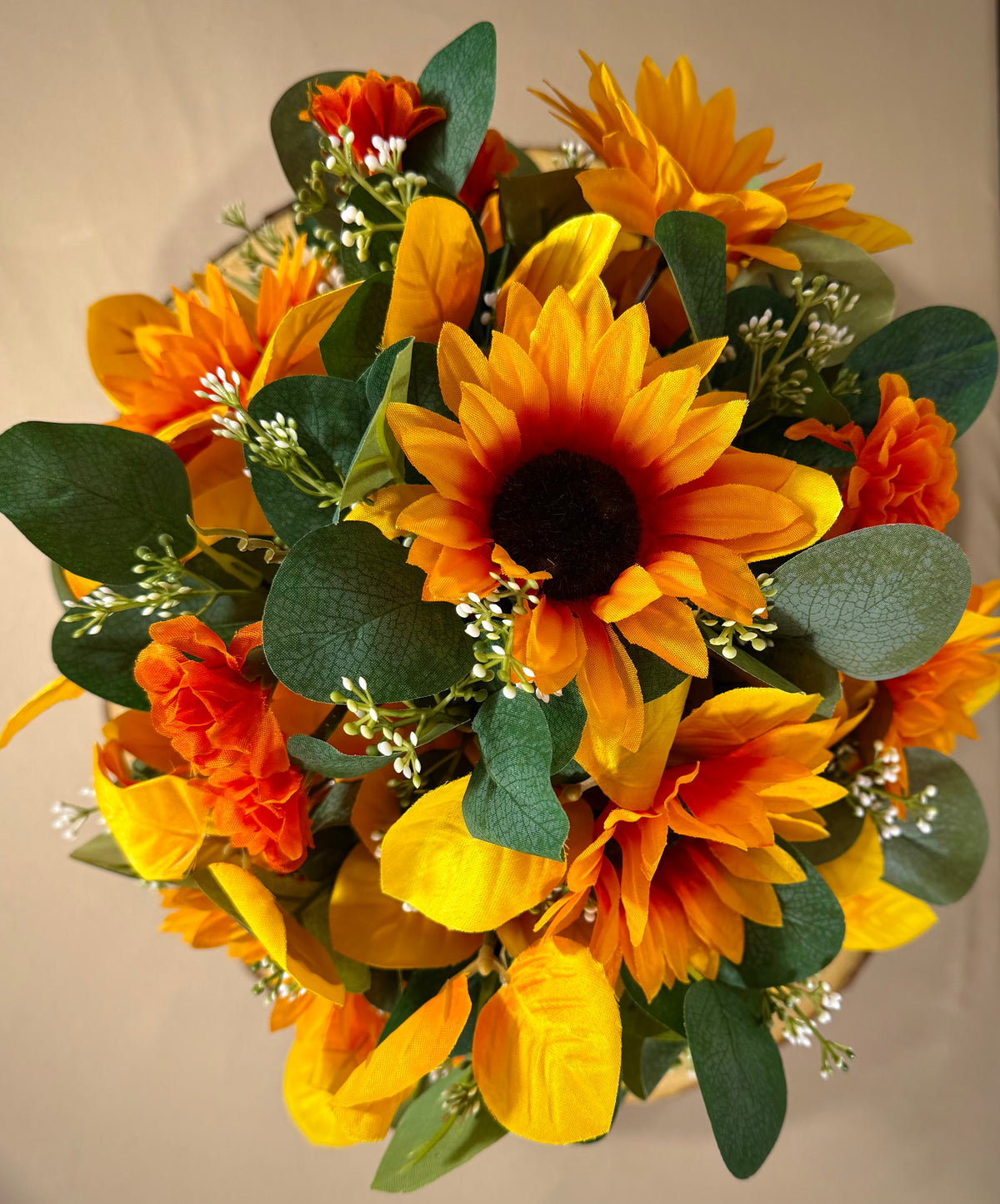 Fall Floral Arrangement | Rustic Mini Barrel with Sunflowers
