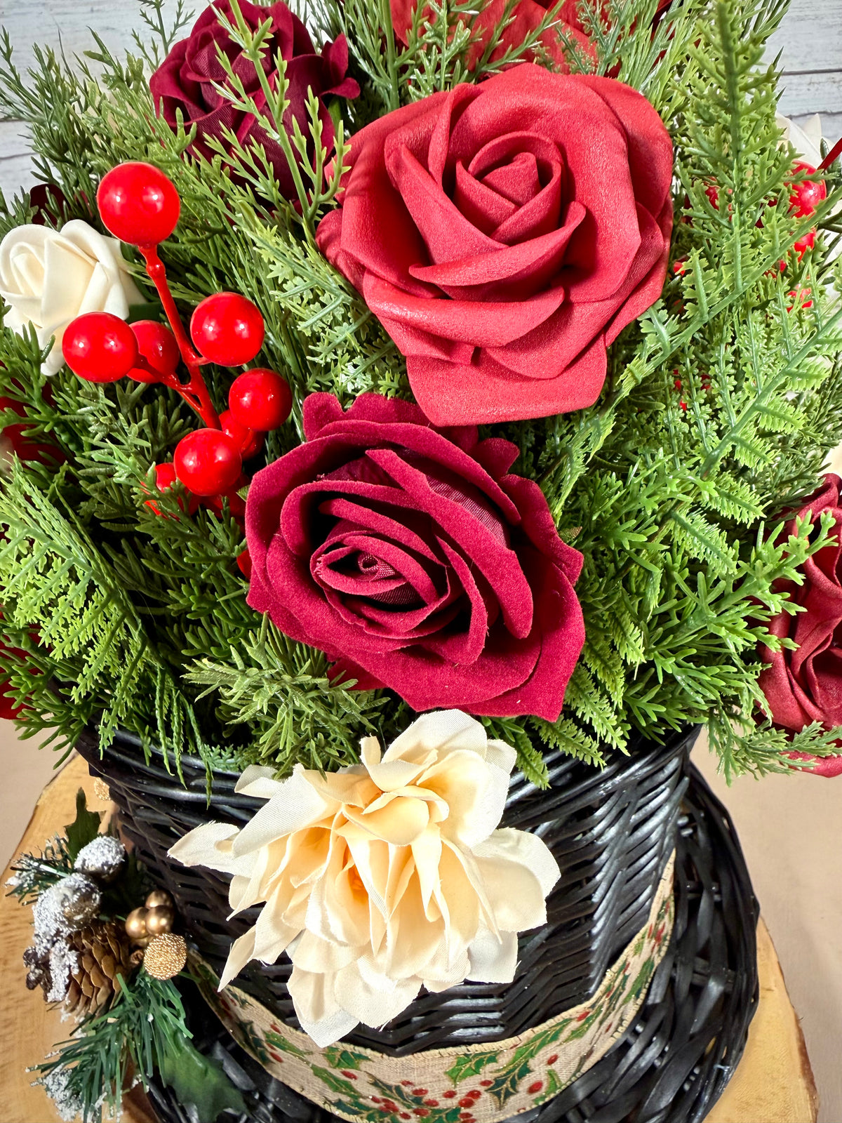 Christmas Rose Floral Arrangement | Red & White Holiday Centerpiece
