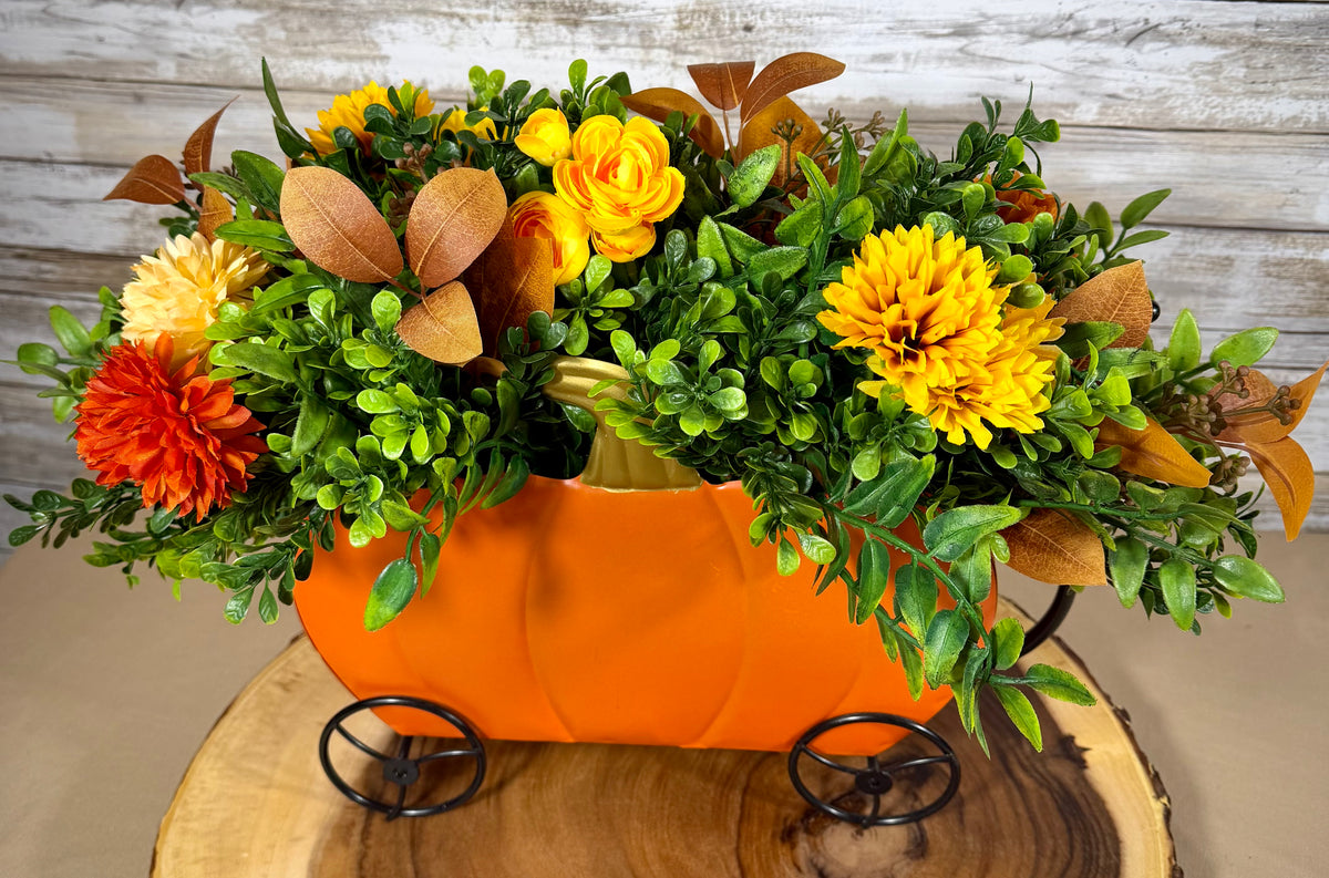 Pumpkin Carriage Fall Floral Arrangement – Orange Artificial Flowers & Greenery