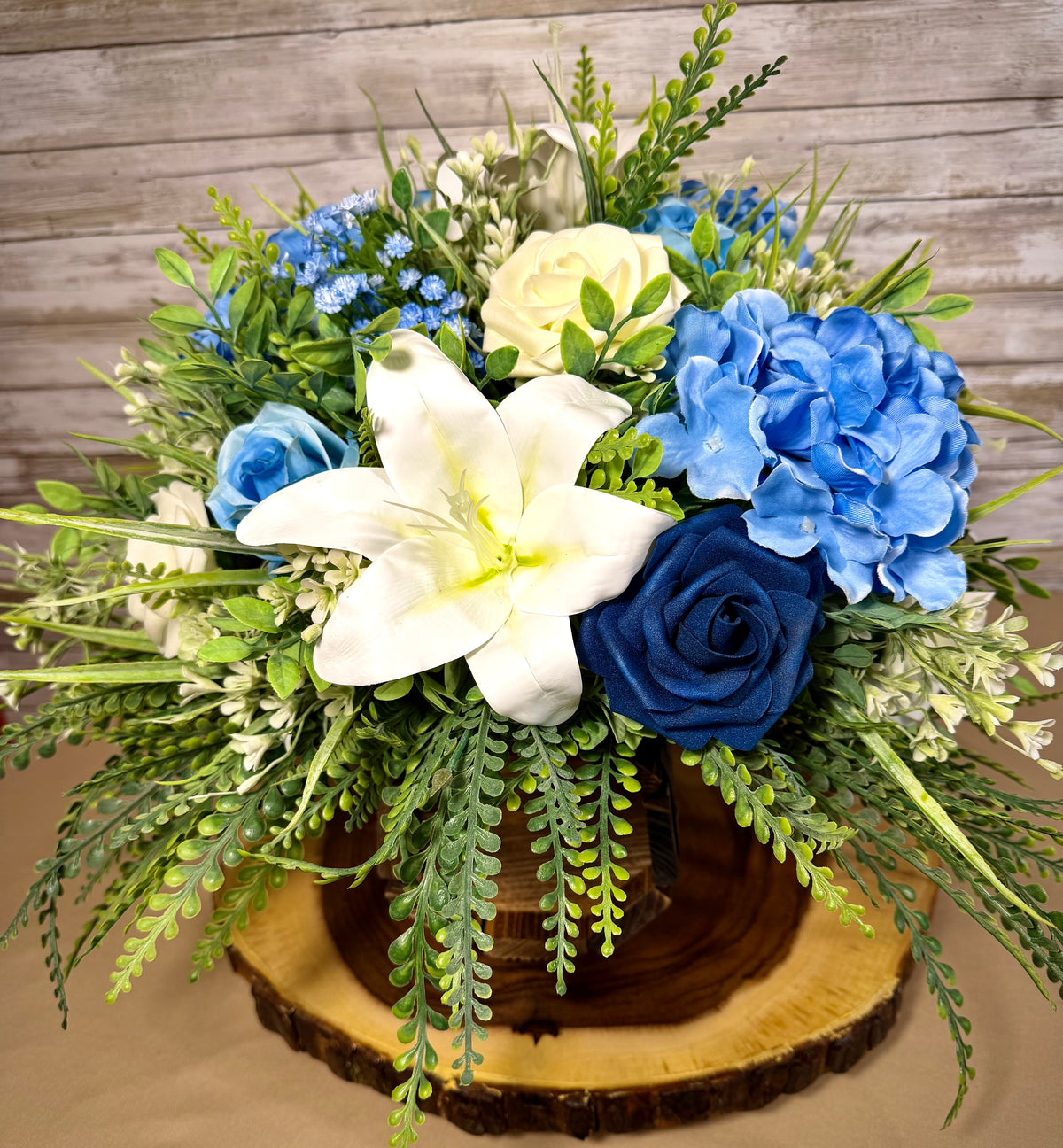 Blue & White Floral Arrangement – Handmade Lily & Rose Centerpiece
