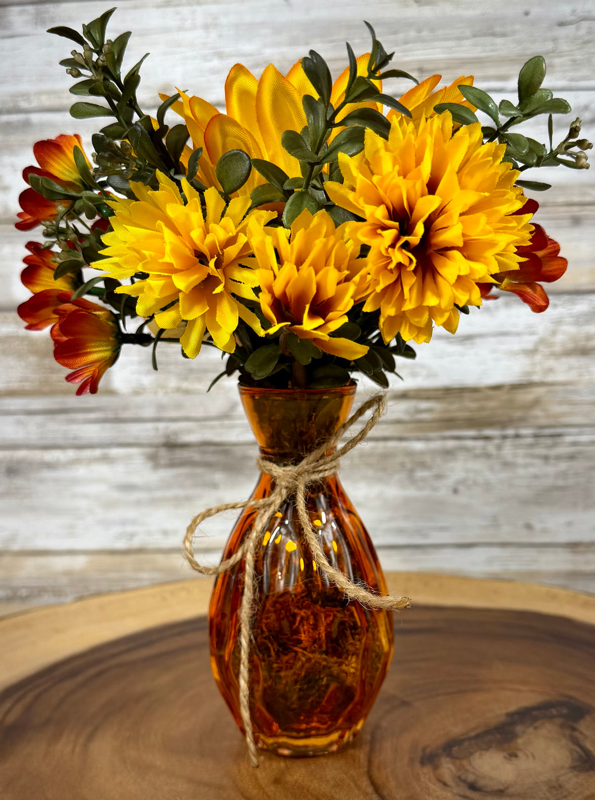 Small Fall Sunflower Floral Arrangement | Orange Glass Vase