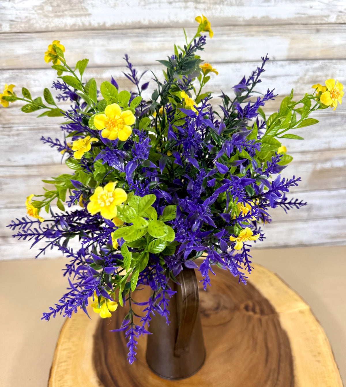Handmade Floral Arrangement – Purple & Yellow Wildflowers, Rustic Metal Pitcher