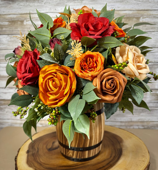 Handmade Floral Arrangement – Red & Orange Roses, Rustic Wooden Barrel