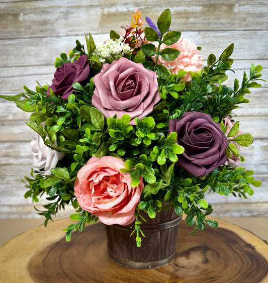 Handmade Purple & Gray Floral Arrangement – Rustic Bucket Decor