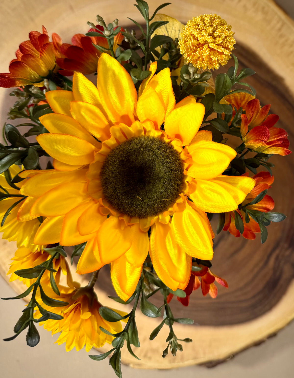 Small Fall Sunflower Floral Arrangement | Orange Glass Vase