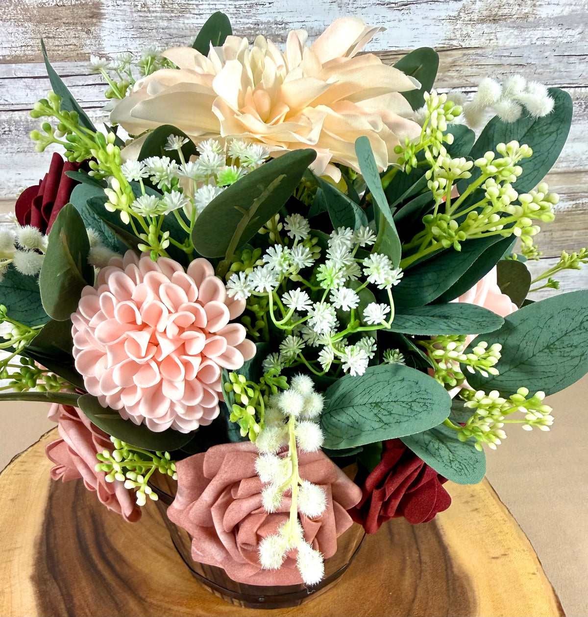 Handmade Floral Arrangement – Blush Pink & Mauve Flowers, Wooden Barrel Bucket