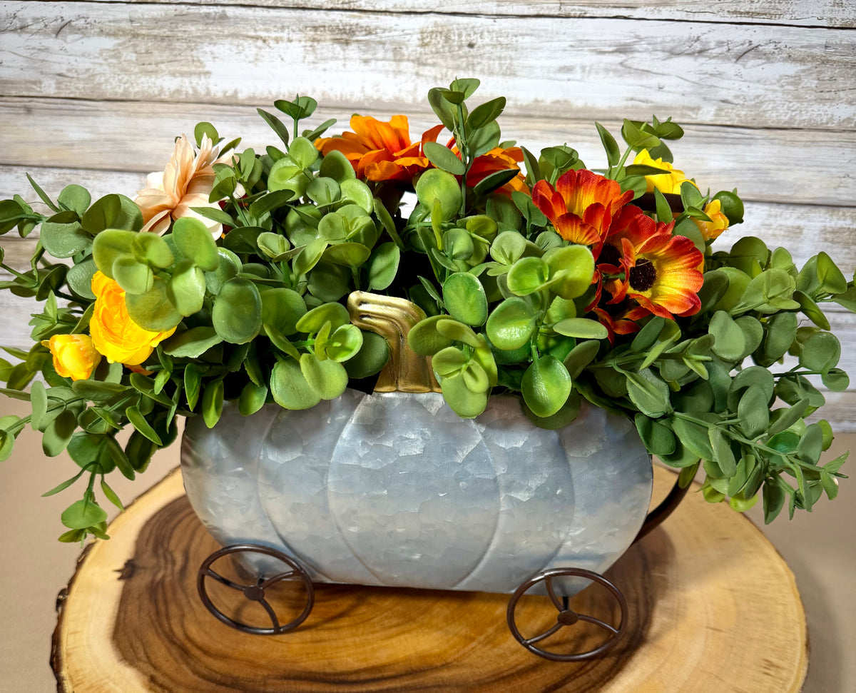Silver Galvanized Pumpkin Wagon Fall Floral Arrangement