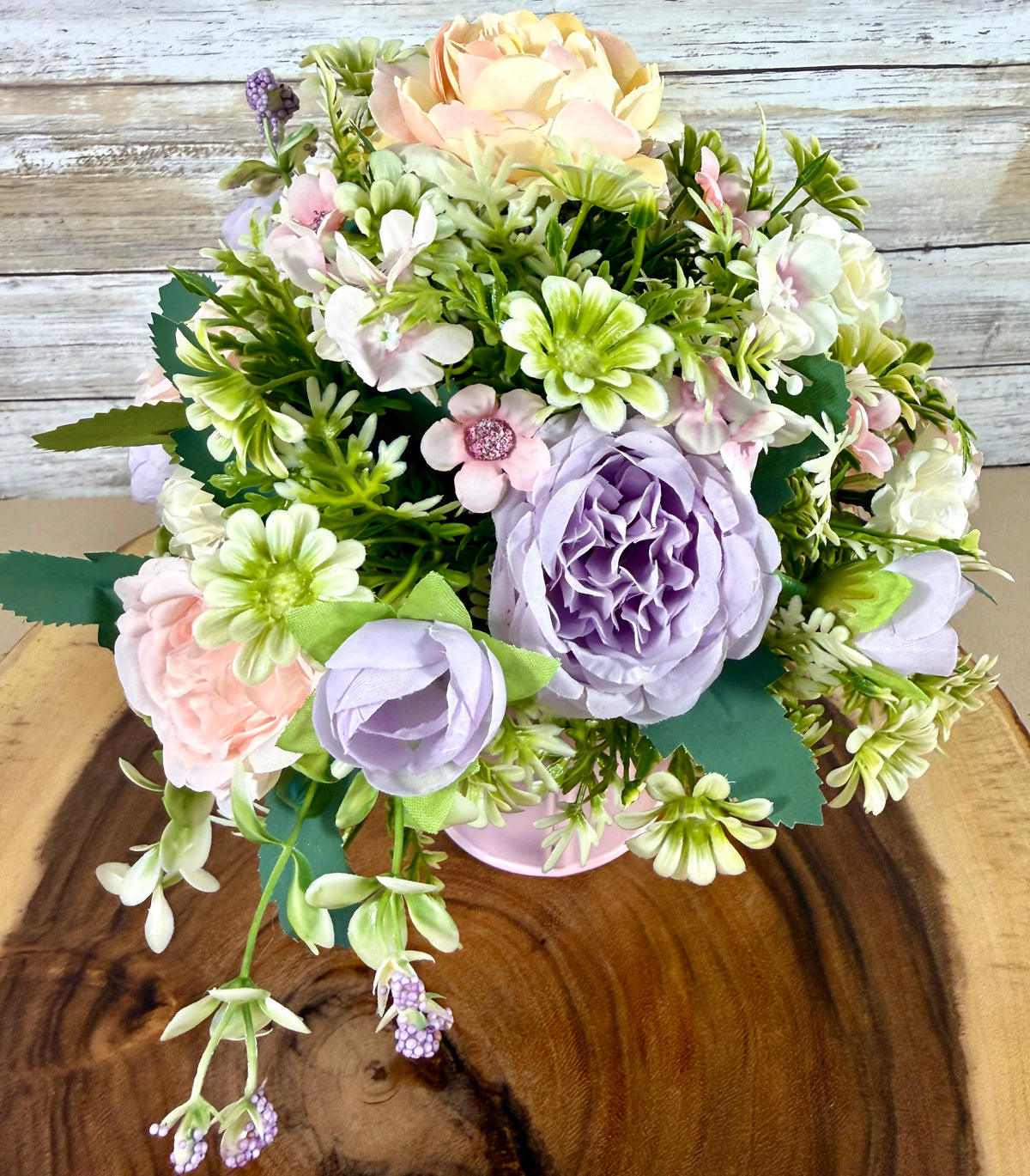 Handmade Floral Arrangement – Blush Pink & Lavender Flowers, Pink Metal Bucket