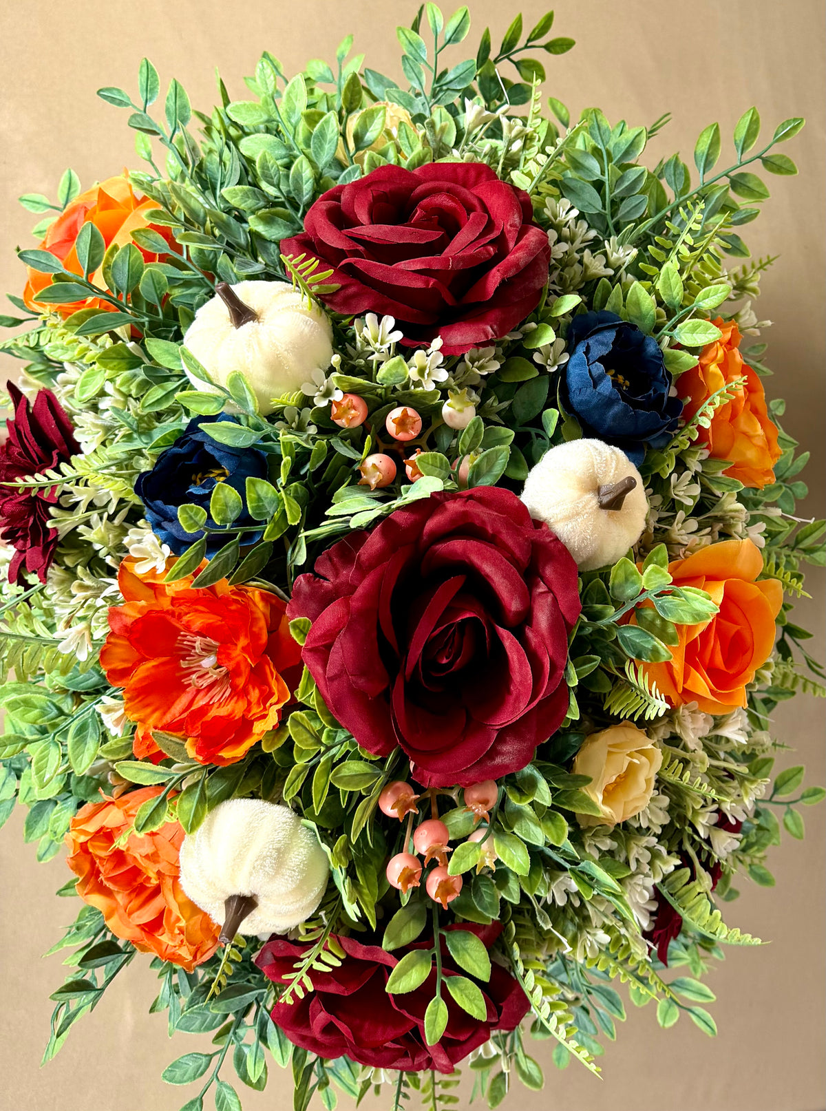 Large Fall Floral Arrangement | Orange Roses & Burgundy Dahlia Wheelbarrow