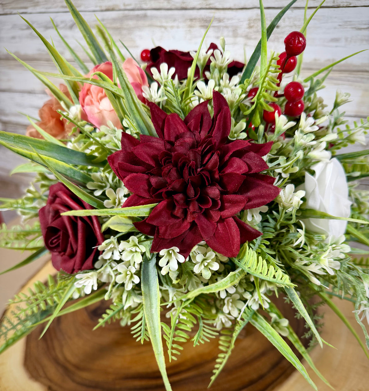 Burgundy & Peach Fall Floral Arrangement | Wooden Container