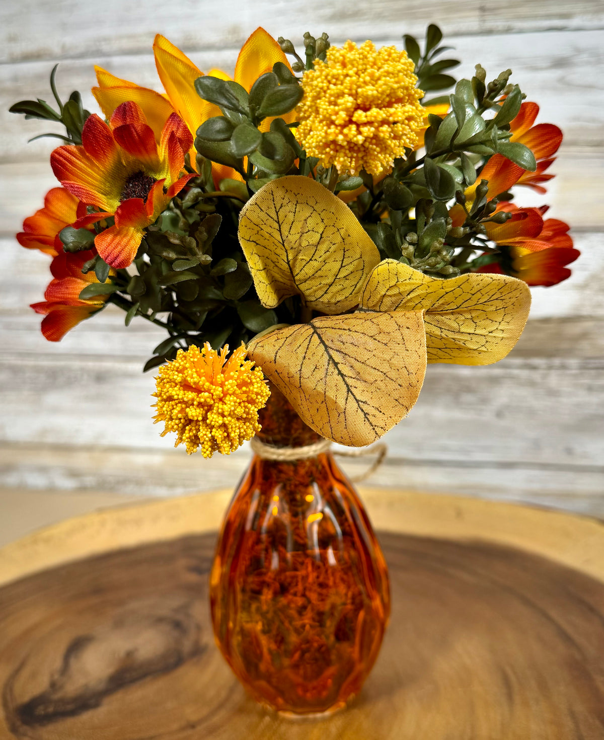 Small Fall Sunflower Floral Arrangement | Orange Glass Vase