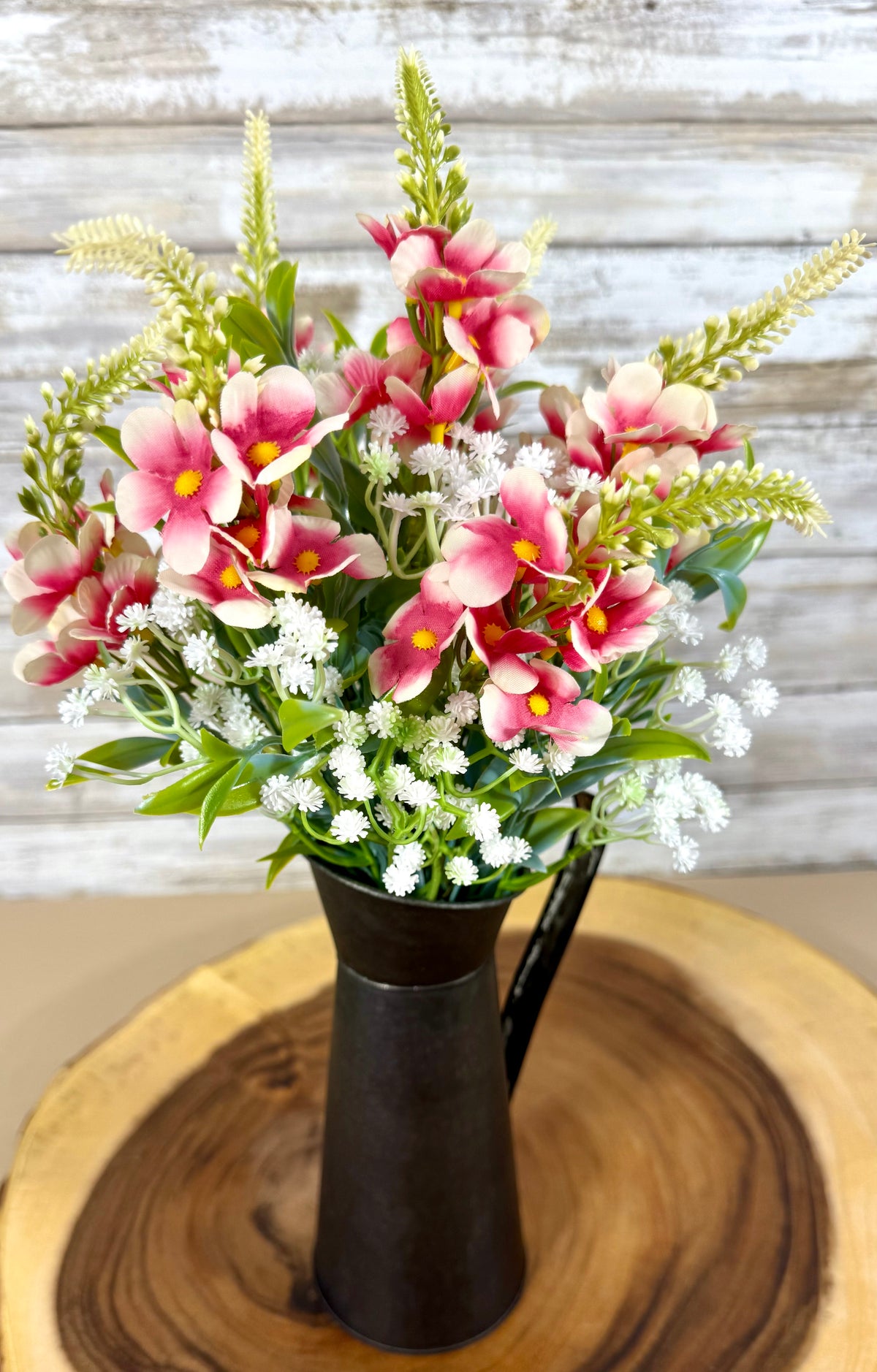 Handmade Floral Arrangement – Pink & White Wildflowers, Black Metal Pitcher