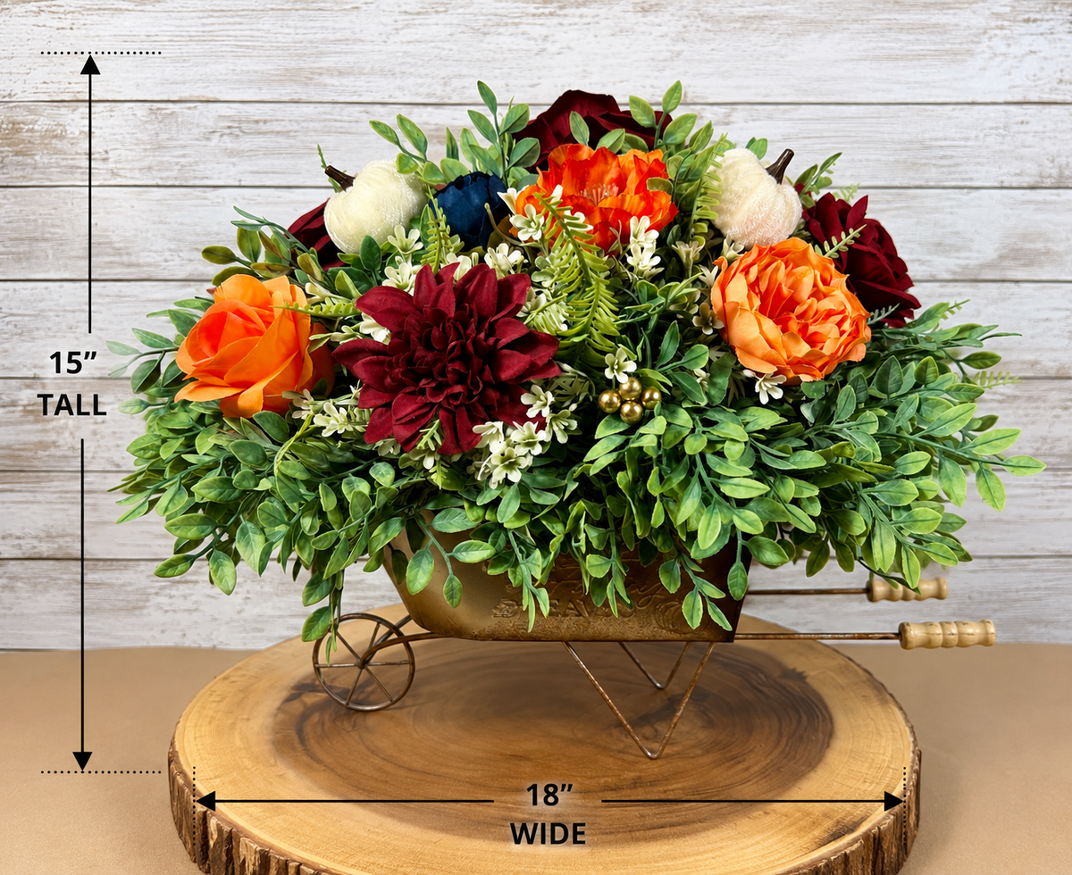 Large Fall Floral Arrangement | Orange Roses & Burgundy Dahlia Wheelbarrow