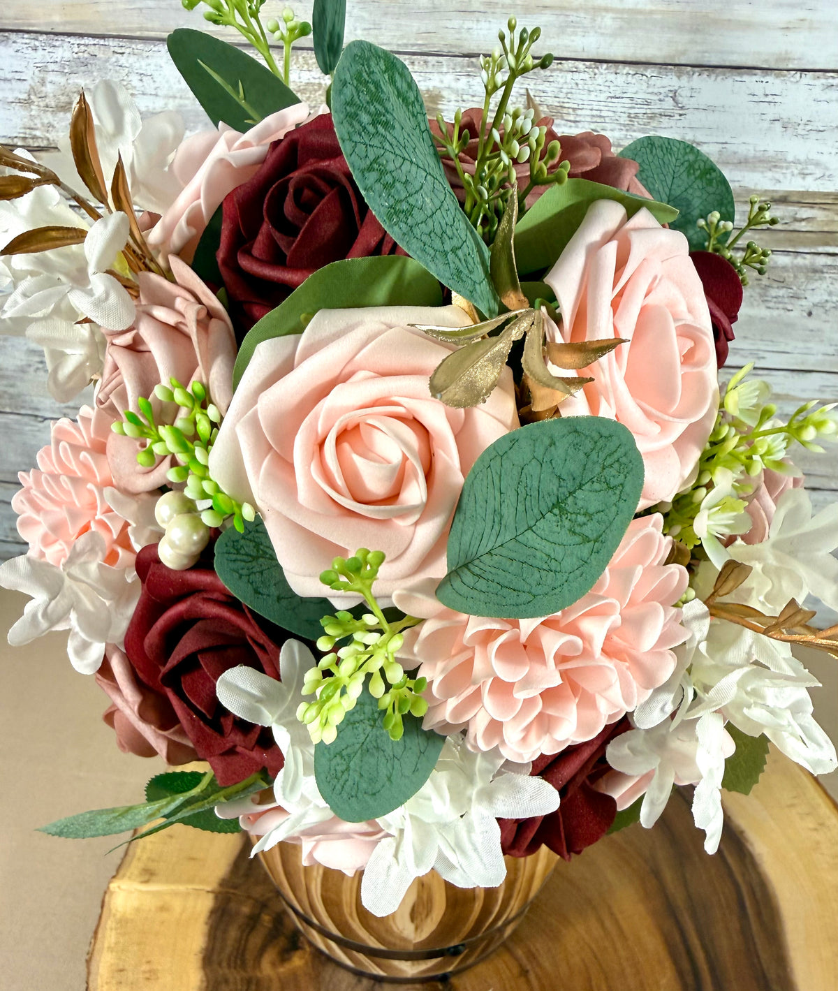 Handmade Floral Arrangement – Blush Pink & Burgundy Roses, Rustic Wooden Barrel