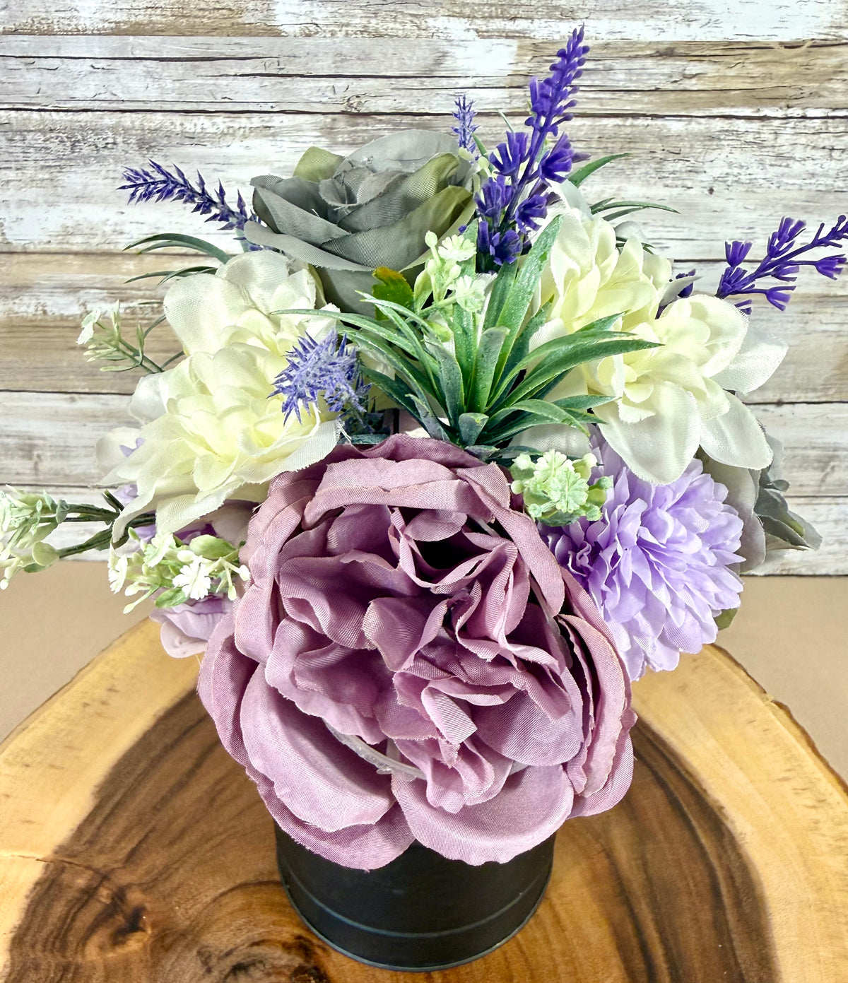 Handmade Floral Arrangement – Lavender, White & Green Flowers, Galvanized Milk Can