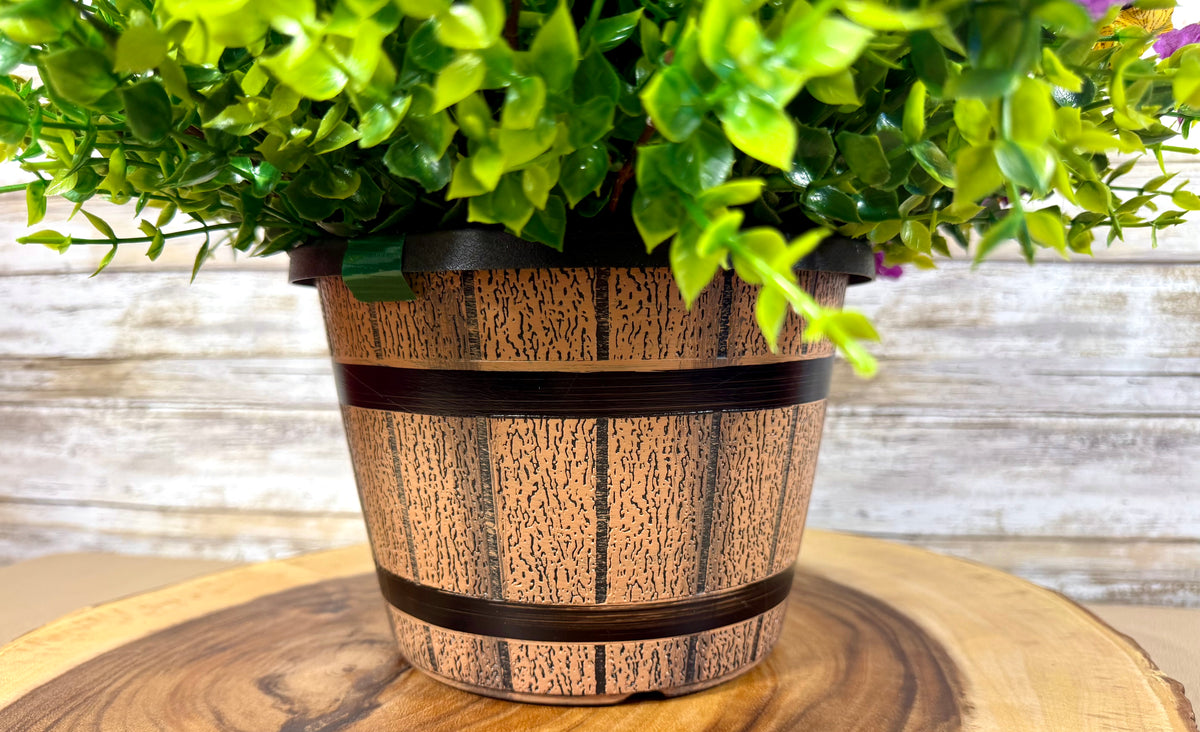 Handmade Floral Arrangement – Sunflowers & Roses, Rustic Wooden Barrel