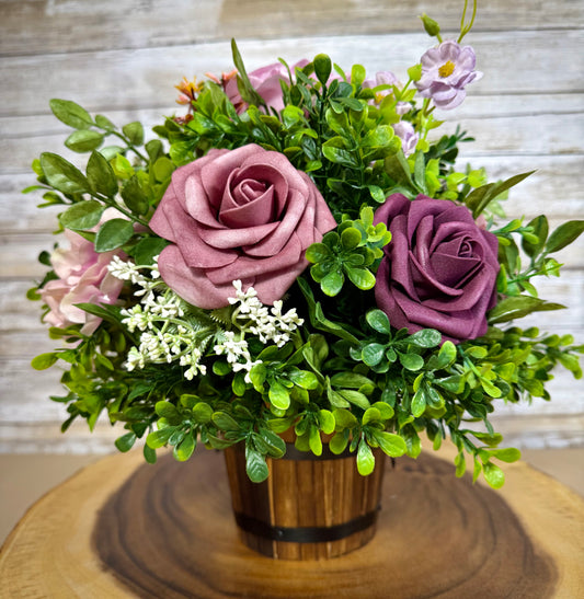 Handmade Purple Floral Arrangement – Mini Bucket Home Decor