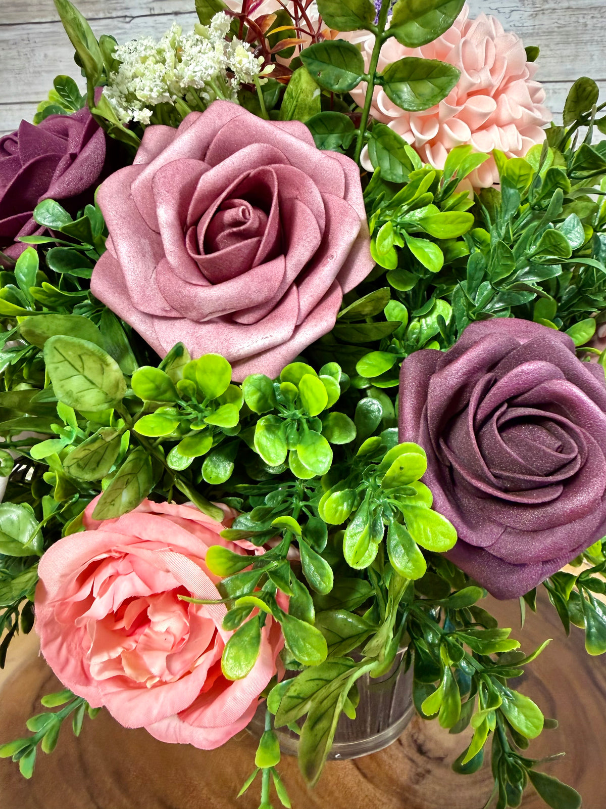 Handmade Purple & Gray Floral Arrangement – Rustic Bucket Decor
