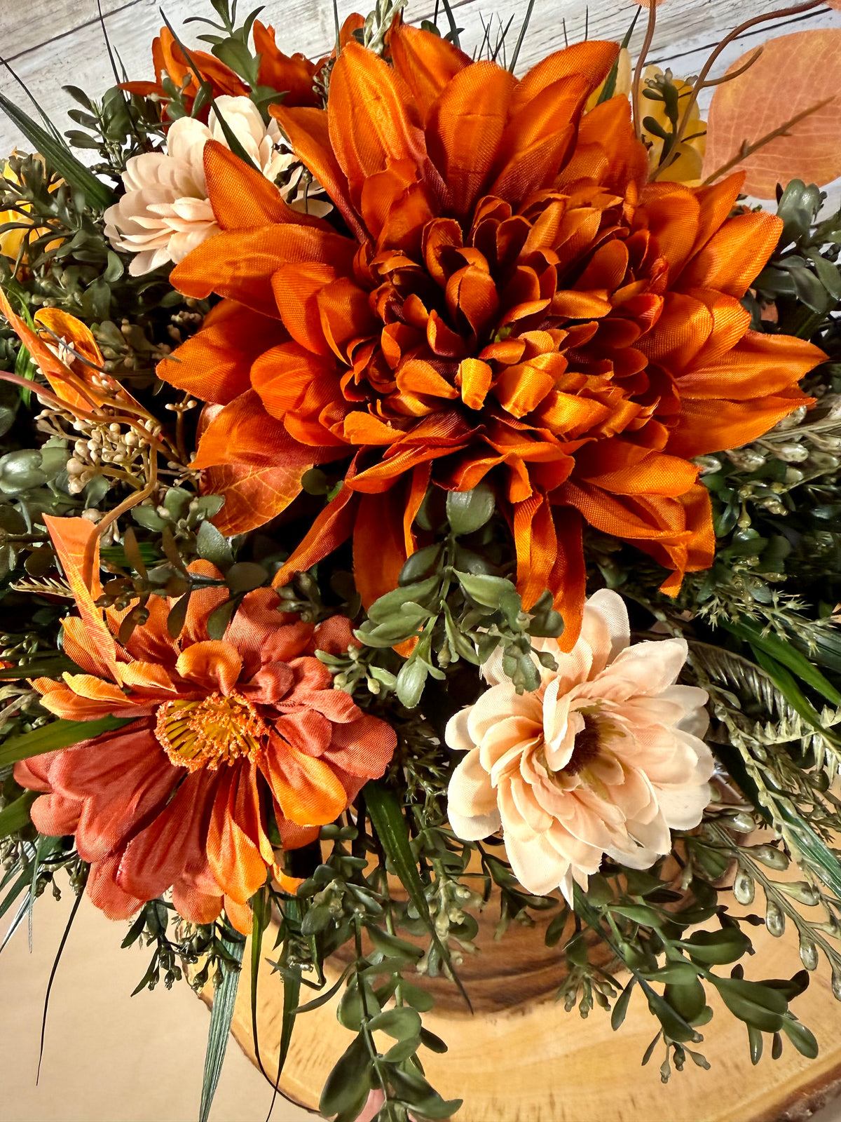 Fall Chrysanthemum Arrangement | Orange & Yellow Wheelbarrow