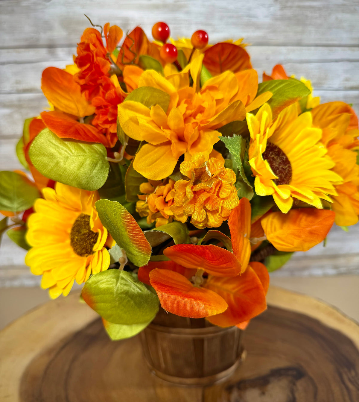 Fall Sunflower Floral Arrangement | Rustic Light Brown Basket