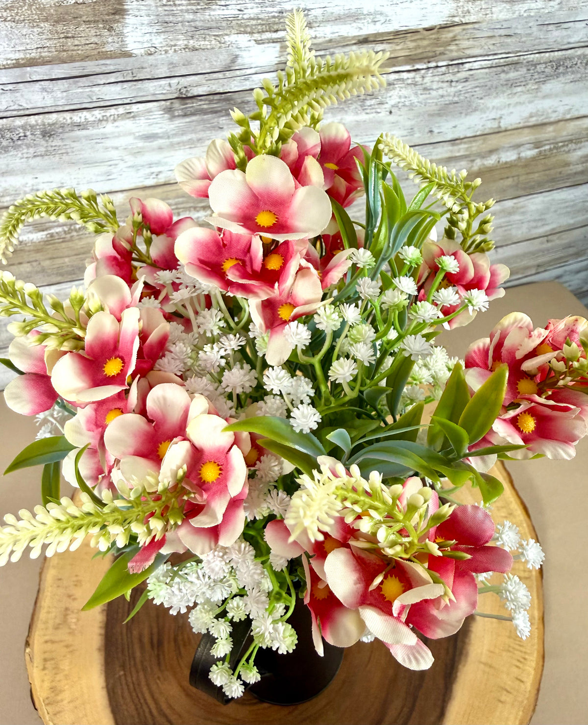 Handmade Floral Arrangement – Pink & White Wildflowers, Black Metal Pitcher
