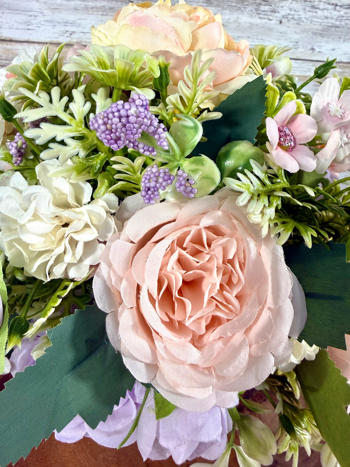 Handmade Floral Arrangement – Blush Pink & Lavender Flowers, Pink Metal Bucket