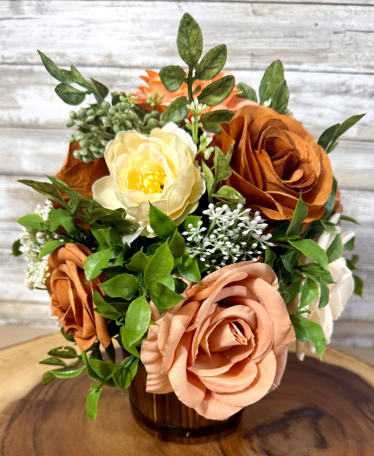 Handmade Floral Arrangement – Cream & Tan Faux Roses, Rustic Wooden Barrel