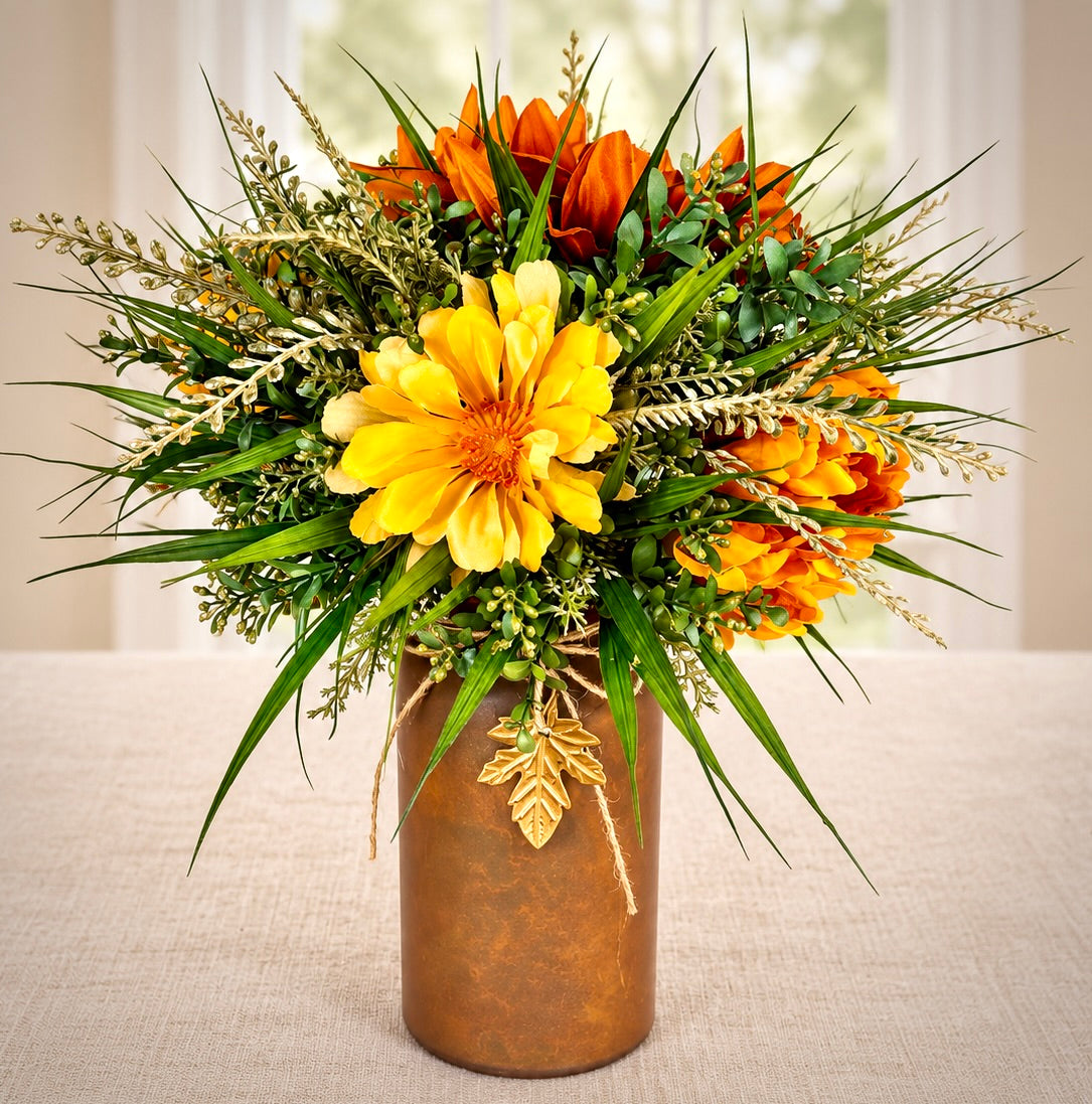 Fall Floral Arrangement | Sunflowers & Dark Orange Flowers