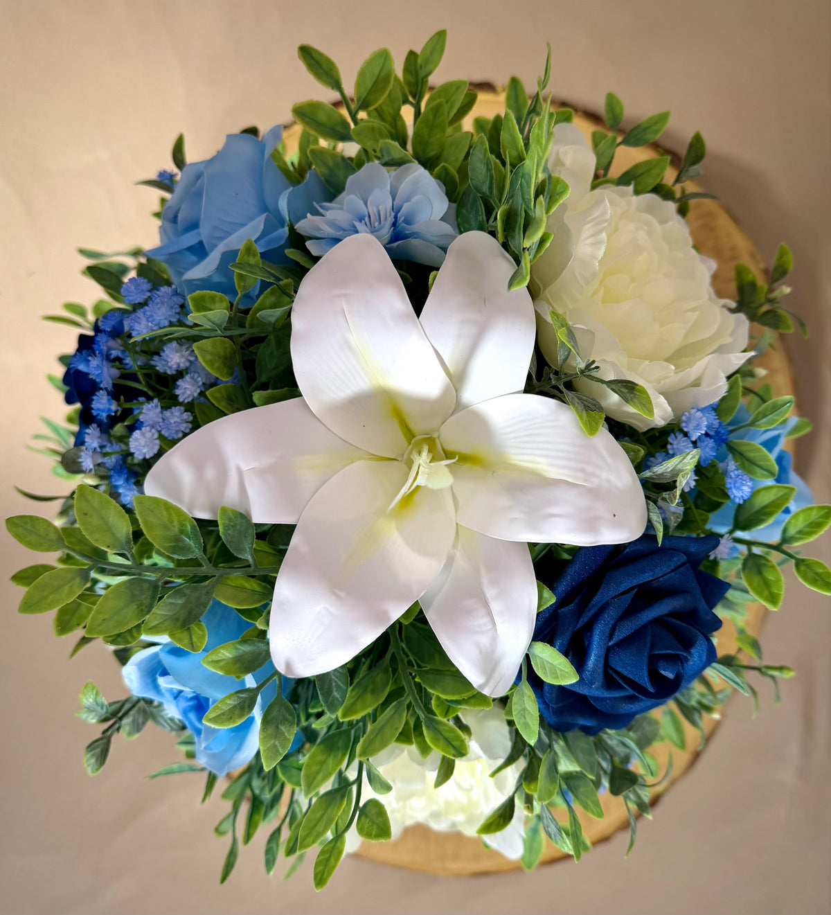 Blue & White Floral Arrangement – Handmade Lily & Rose Decor