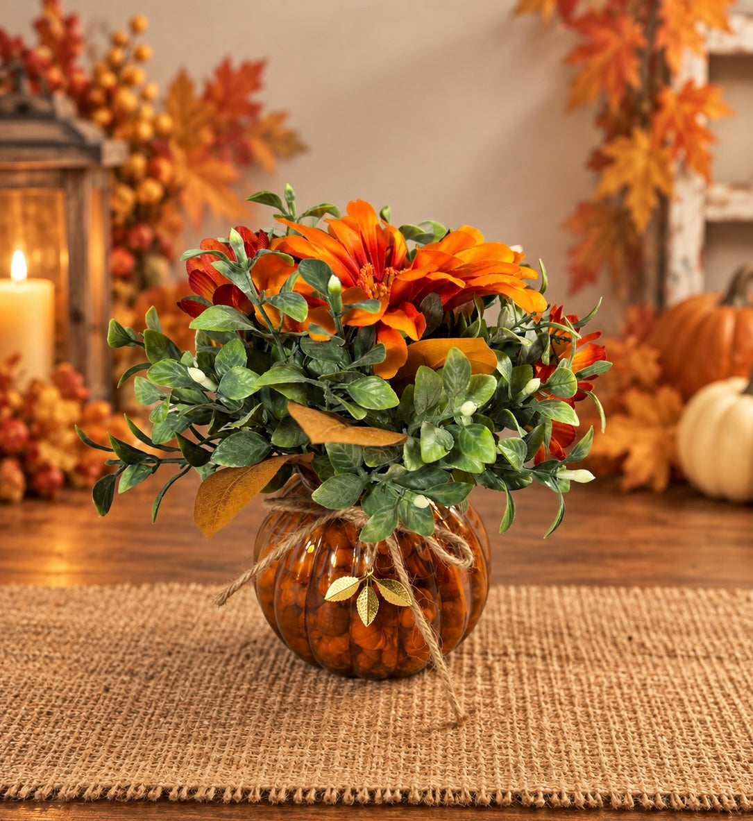Small Fall Pumpkin Floral Arrangement – Orange & Rust Autumn Flowers
