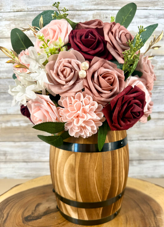 Handmade Floral Arrangement – Blush Pink & Burgundy Roses, Rustic Wooden Barrel