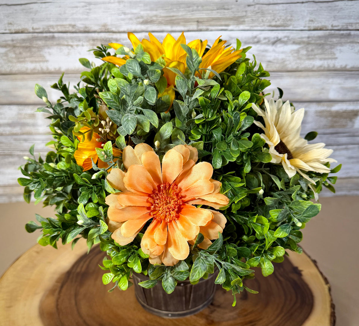 Fall Floral Arrangement in Rustic Gray Basket