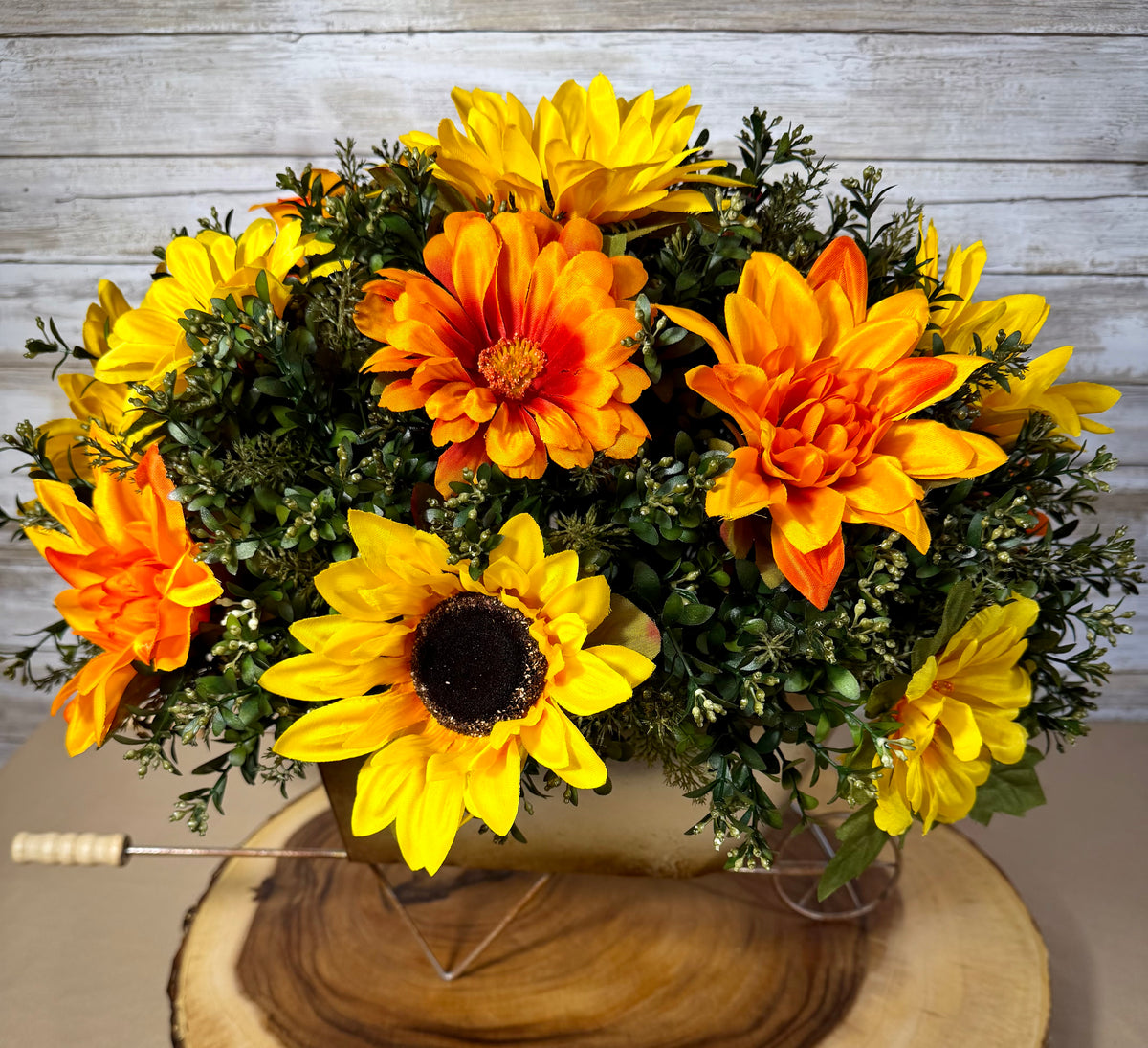 Large Fall Sunflower Arrangement | Orange Flowers & Metal Wheelbarrow