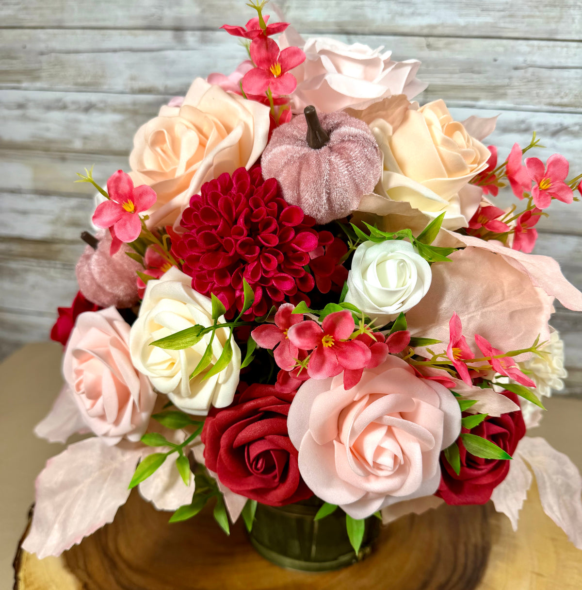 Fall Rose Floral Arrangement | Burgundy & Blush Foam Roses