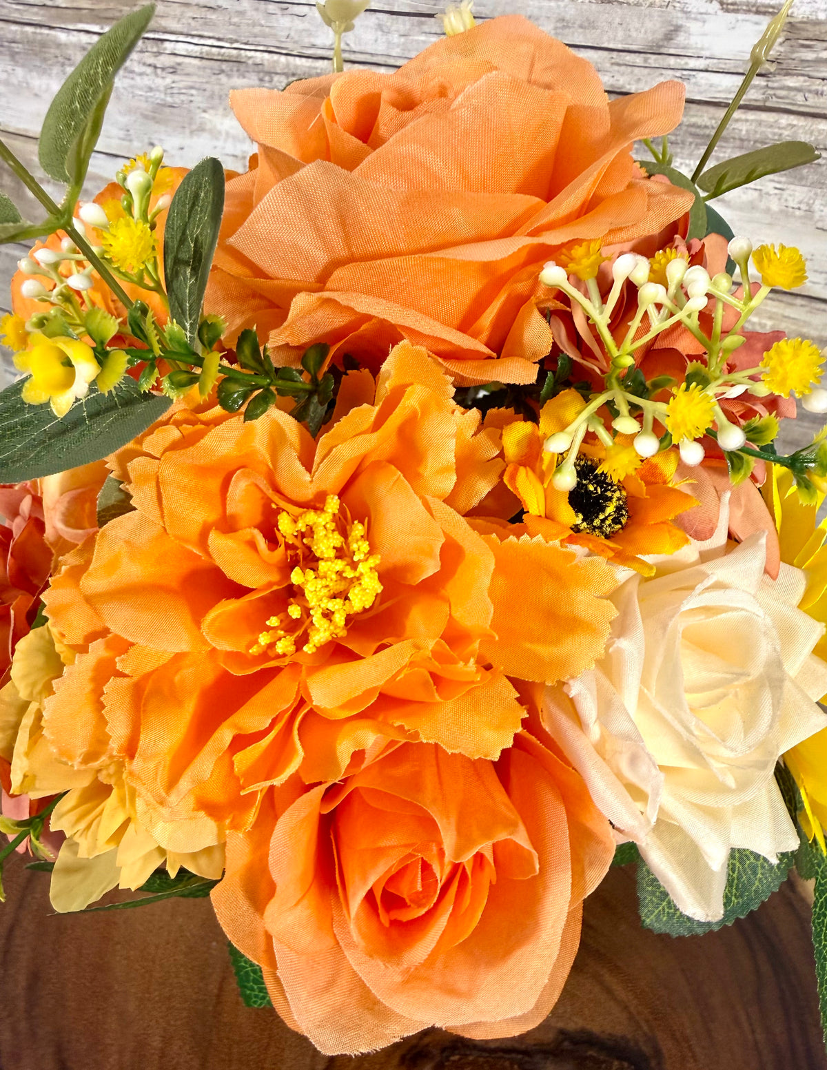 Handmade Floral Arrangement – Orange & Yellow Flowers, Rustic Wooden Barrel